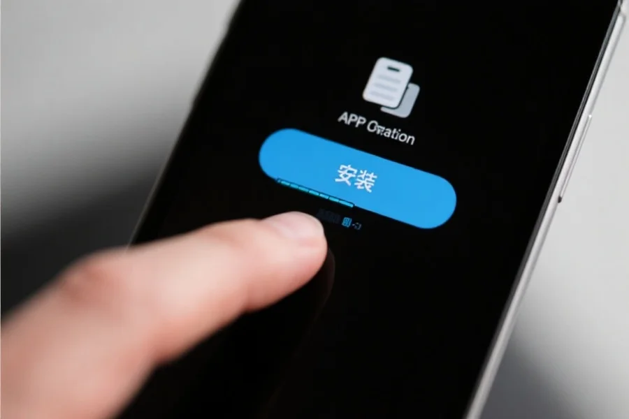 一只手正在点击智能手机屏幕上的“安装”按钮,屏幕上显示APP安装进度条,画面简洁清晰