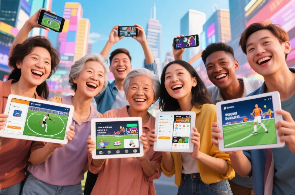 人们通过移动设备享受数字娱乐