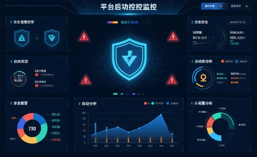 平台后台风控监控界面，显示多种安全警报与自动分析图表，体现科技防护